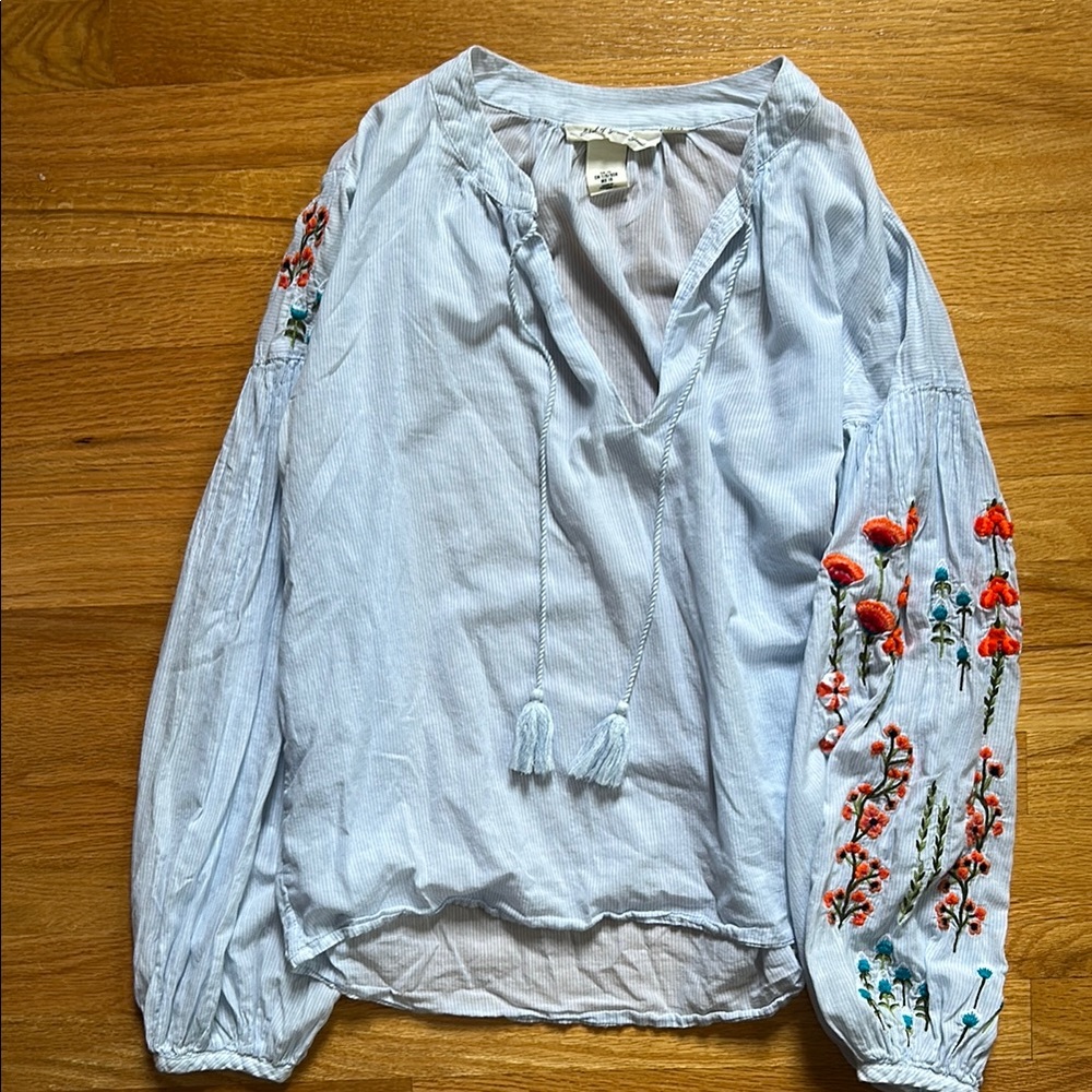 H&M Light Blue Blouse with Floral Embroidery